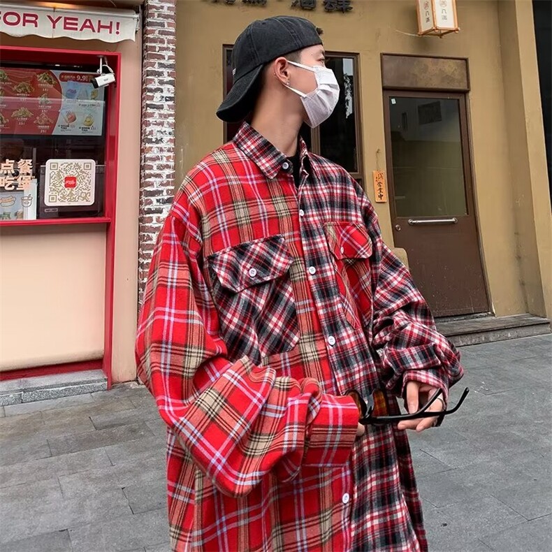 美式潮高街撞色拼接口袋格子长袖衬衫男女宽松潮牌衬衣外,男装衬衫,星座410-7