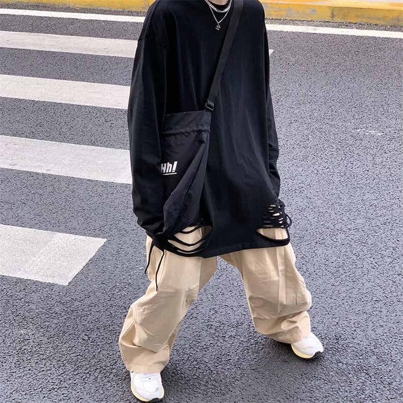 不规则设计上衣男长袖破洞打底衫内搭下摆oversizeT恤高街暗黑系,男装T恤,星座1210-1