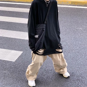 不规则设计上衣男长袖破洞打底衫内搭下摆oversizeT恤高街暗黑系图片