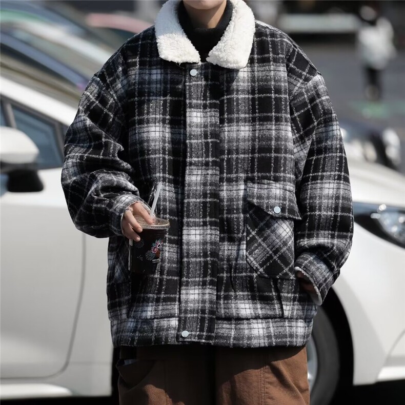 黑色羊羔毛外套男冬季美式高街格子棉服加绒保暖M9017-P85,男装夹克,星座1109-3
