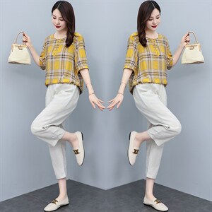 夏季大码宽松简约时尚气质减龄格子短袖上衣+休闲裤两件套装女图片