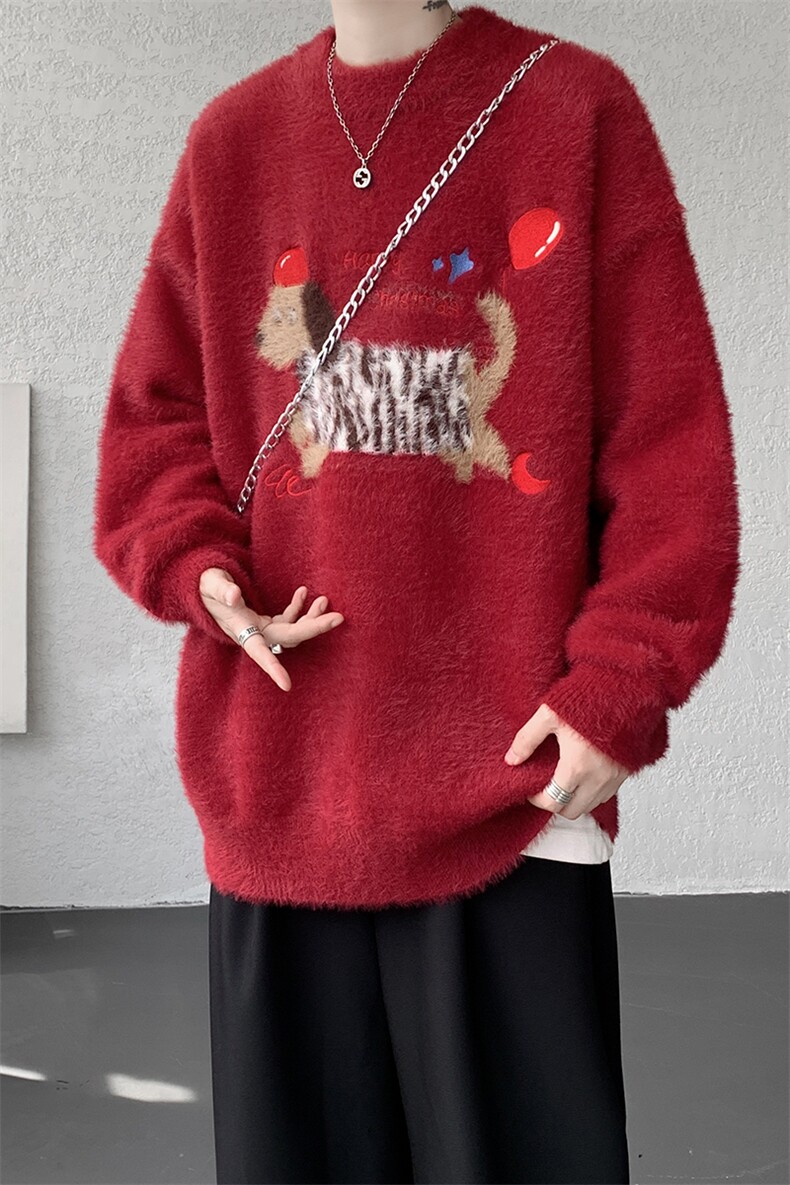 腊肠狗情侣毛衣男酒红色本命年针织衫男高级感线衫MY1222-P68,男装针织衫/毛衣,电商D206-1