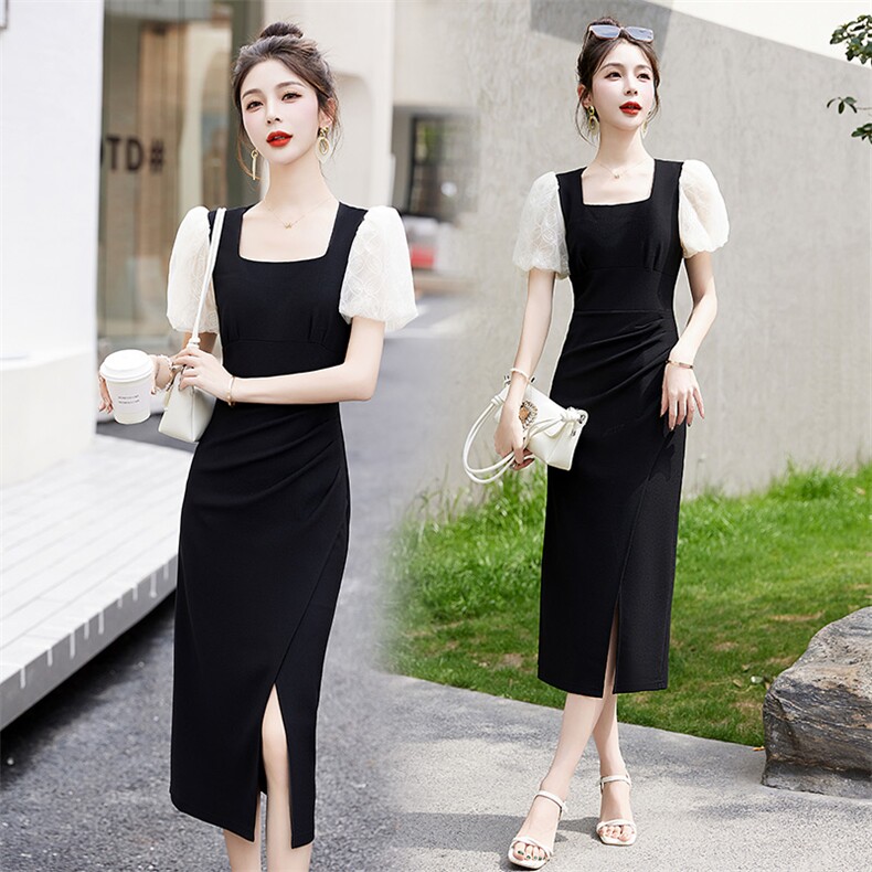 法式黑白连衣裙女夏季高级感2023新款修身显瘦气质高端别致名媛，女装连衣裙，布芭啦