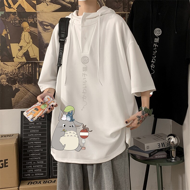 LD54152-P45连帽短袖t恤男大码胖子带帽五分袖中袖海报风,男装T恤,电商A040