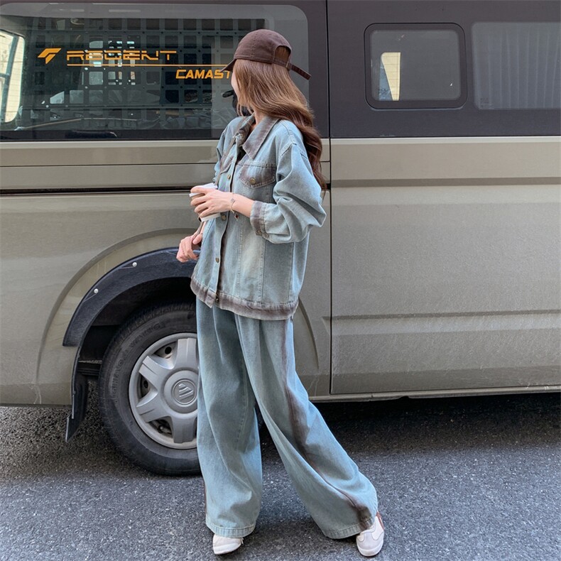 韩系设计感牛仔套装女撞色拼接2025秋季新款设计感上衣长裤两件套,女装套装/套裙,2C283