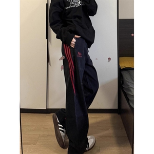 复古休闲裤长裤条纹装饰直筒裤百搭半松紧腰牛仔裤 KD789图片