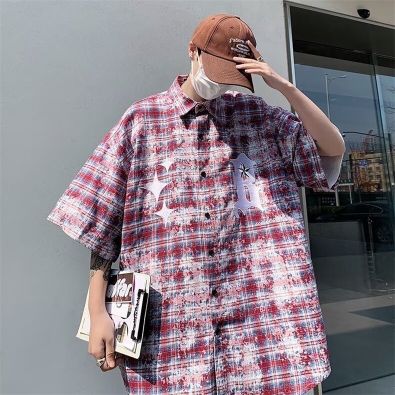 夏季美式复古高街刺绣宽松短袖格子衬衫男情侣潮牌衬衣CS372-P40,男装T恤,星座1008-1