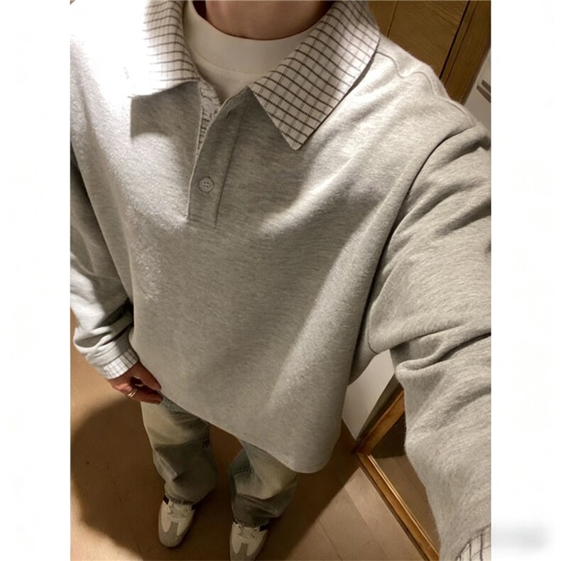 有货。假两件polo衫卫衣男格子拼接卫衣T恤WB665-P45,男装T恤,星座412-3