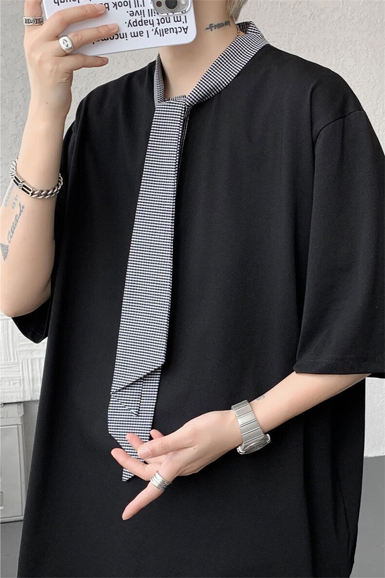 T10136-特批35控68新款小众夏季短袖撞色拼接双纱面料大码T恤,男装T恤,电商A059