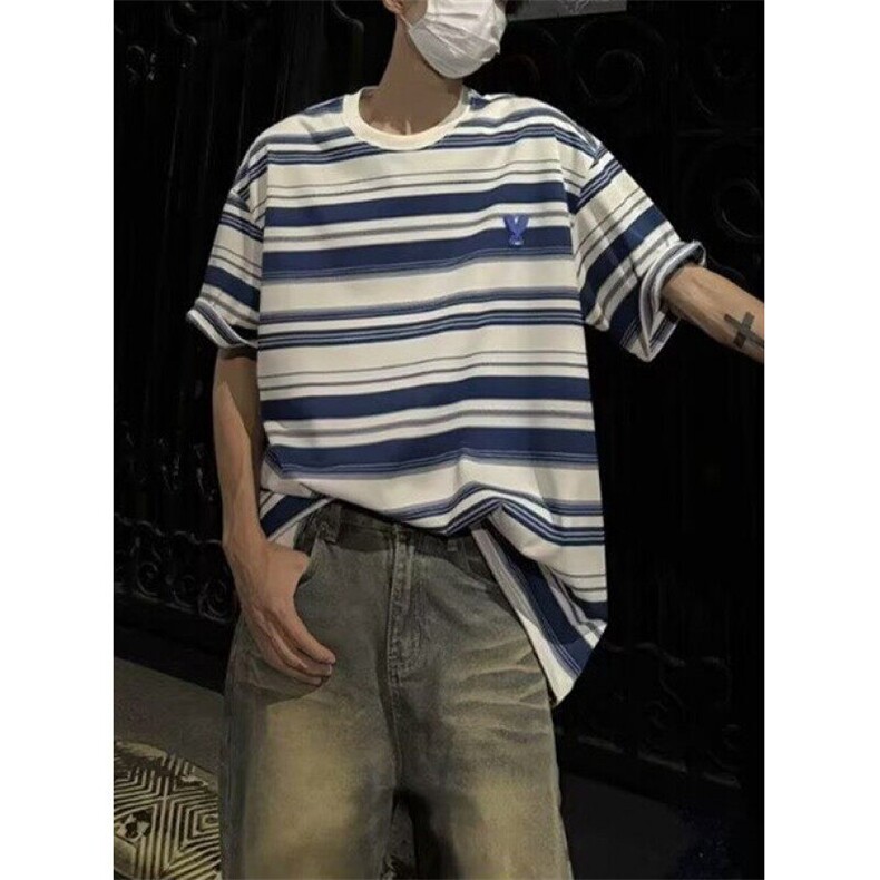 原宿新款百搭简约无品牌美式复古蓝白条纹t恤男重磅短袖TSK42,男装T恤,星座1116A（原606A-3）