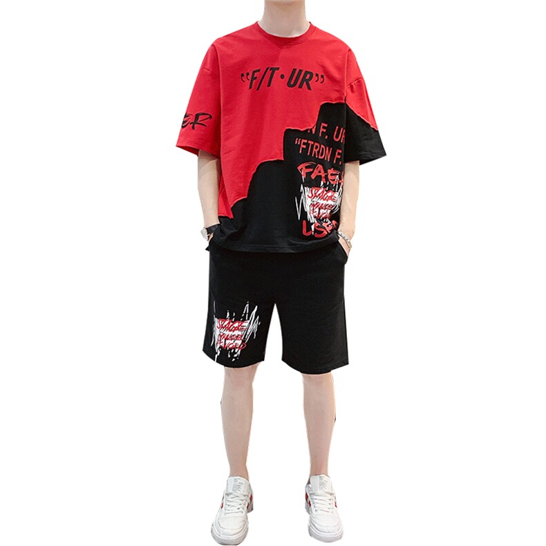 2023夏季新款短袖T恤套装运动休闲宽松潮流两件套男装F48P58,男装休闲套装,电商A086
