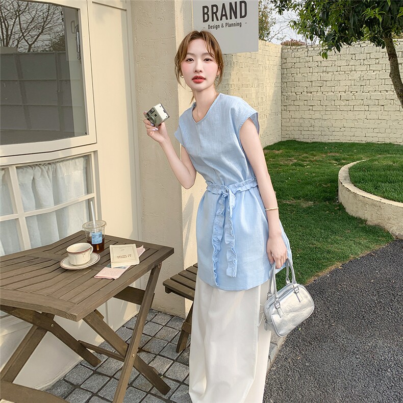 蓝色背心套装女2025超火夏日大方得体穿搭一整套休闲阔腿裤两件套,女装套装/套裙,含赞