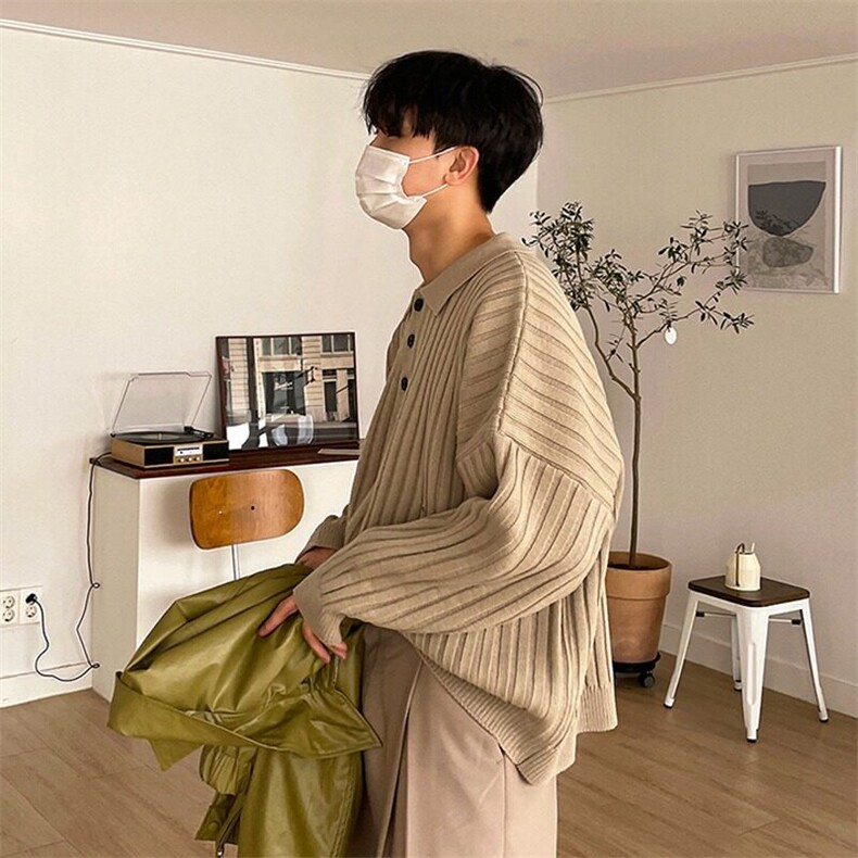 【有货】D2338-P55设计感POLO翻领毛衣潮男慵懒风条纹针织毛衣秋,男装针织衫/毛衣,星座603-2