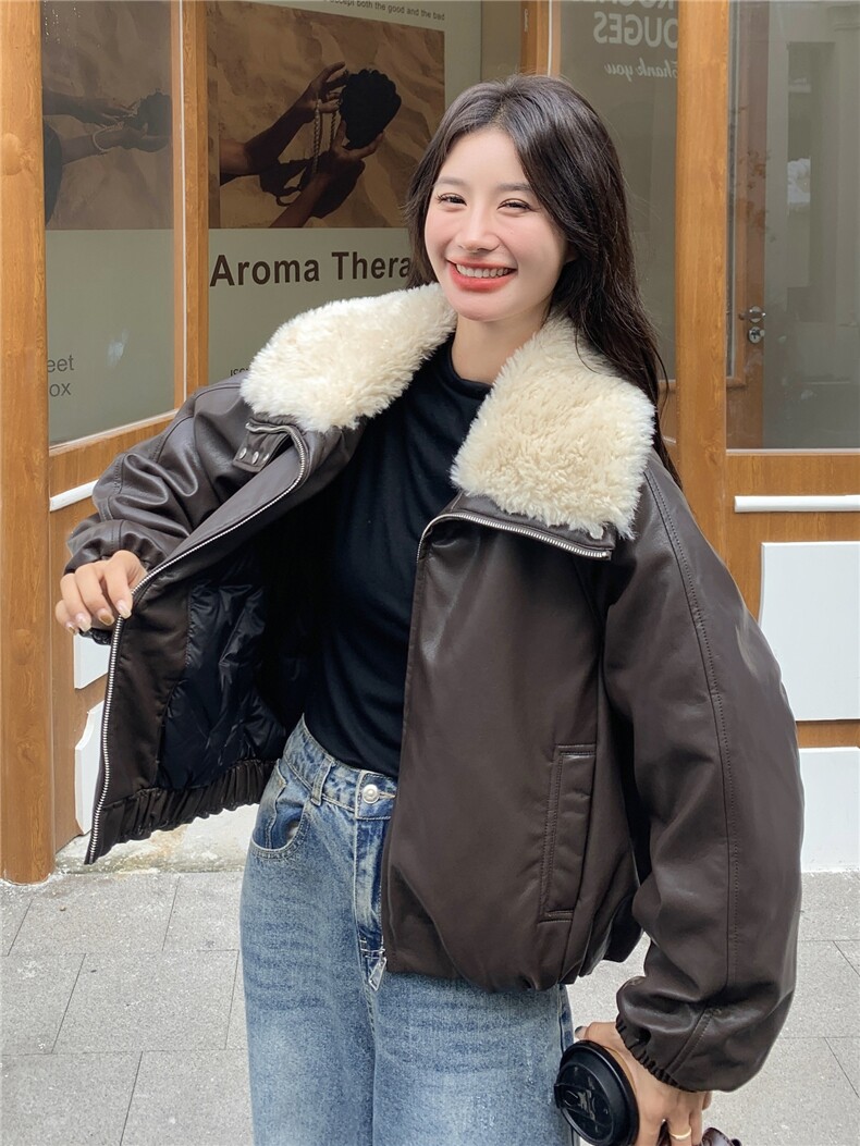 高级感气质羊羔毛领皮衣外套女2025冬季减龄韩系复古90白鸭绒外套,女装羽绒服,蝶眷
