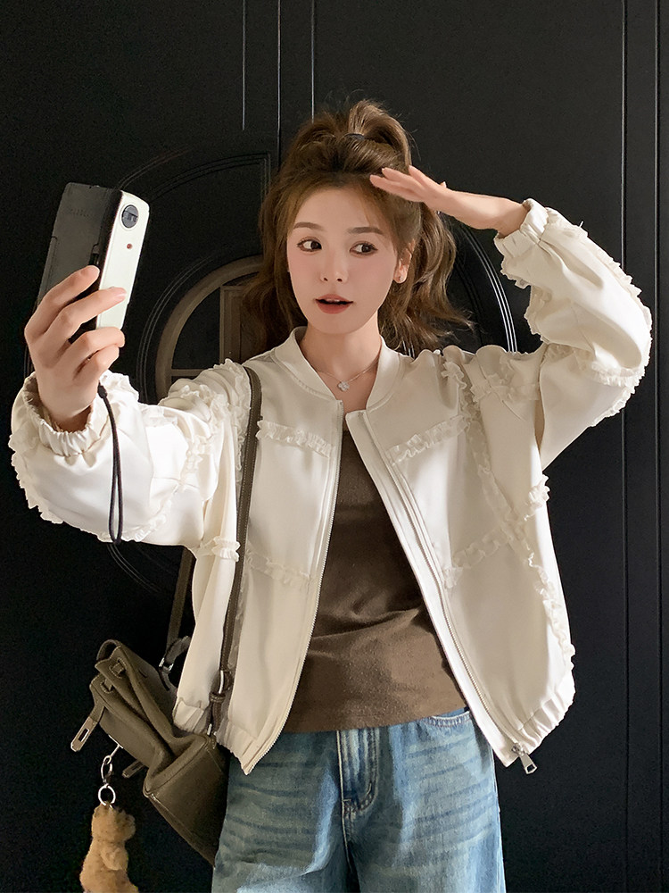 米色木耳边棒球服短款外套女2025春秋季新款韩版显瘦减龄夹克上衣,女装短外套,浙宝A馆126