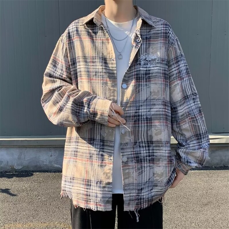 美式复古潮牌破坏感格子衬衫男女休闲显瘦慵懒风衬衣外套C145/P55图片