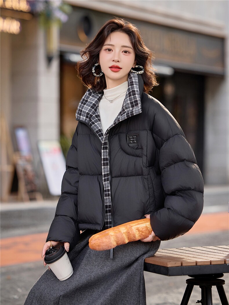 时尚格子拼接立领短款羽绒服女2025冬季新款洋气小个子白鸭绒外套,女装羽绒服,涵墨