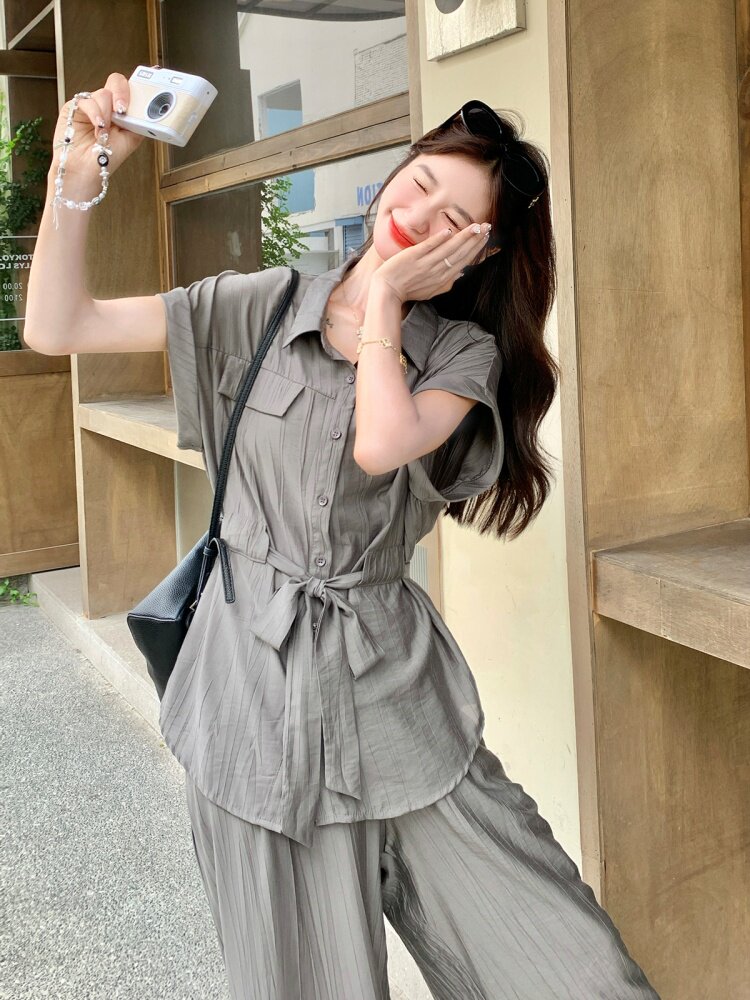 又酷又飒灰色衬衫套装女2025夏季新款时尚高级感宽松阔腿裤两件套,女装套装/套裙,欣美人