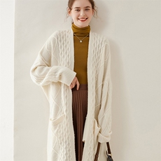 立领麻花羊绒开衫女秋冬新款宽松长袖中长款针织开衫厚羊绒大衣，女装羊绒大衣，缇曼羊绒