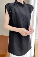 复古改良旗袍上衣女夏装2024新款无袖中式立领洋气小衫薄款上衣，女装T恤，圣丽羊绒