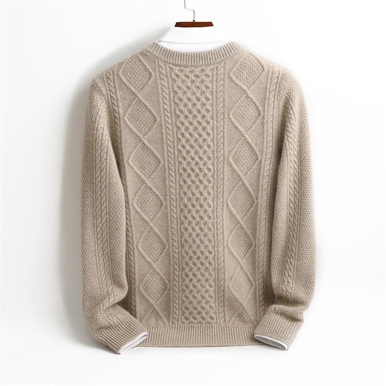 秋冬季羊绒百搭休闲款全身绞花重工圆领羊绒衫男装，男装羊绒套衫，君道羊绒