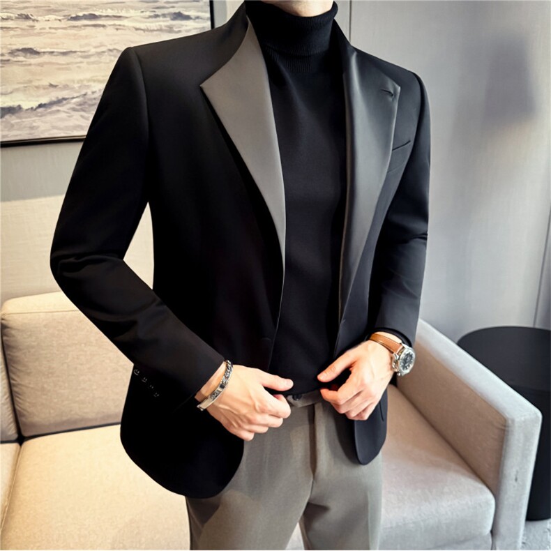老钱风羊毛立领拼接西装男时尚个性穿搭西服黑色外套DX7047-P275图片