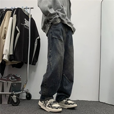 复古牛仔裤男潮牌阔腿裤宽松直筒裤美式高街百搭休闲长裤裤子，男装牛仔裤，星座716-2