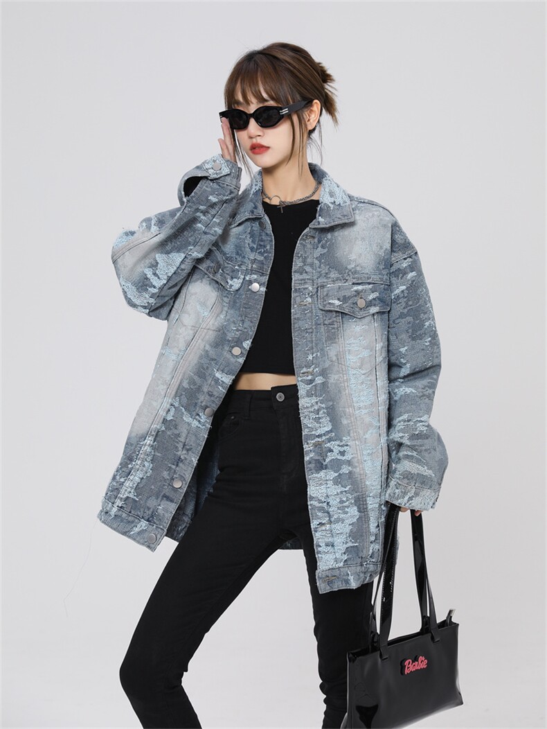 221-1/JK2311/P95控128 2025春款复古做旧雪花工装夹克牛仔衣外套图片