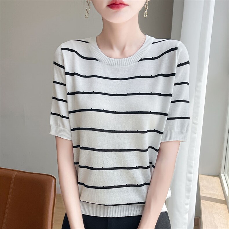 显瘦条纹短袖T恤女夏季2025新款打底衫洋气大码女装冰丝针织上衣，女装针织衫/毛衣，萱芳婷羊绒