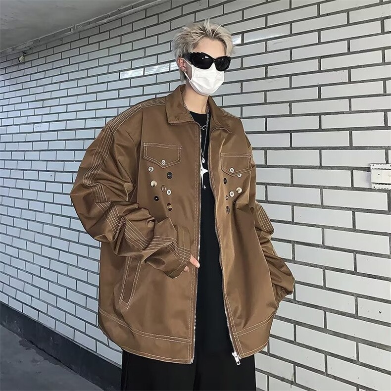 美式设计感垫肩外套男宽松休闲春秋季复古高级翻领夹克潮,男装夹克,星座716-2