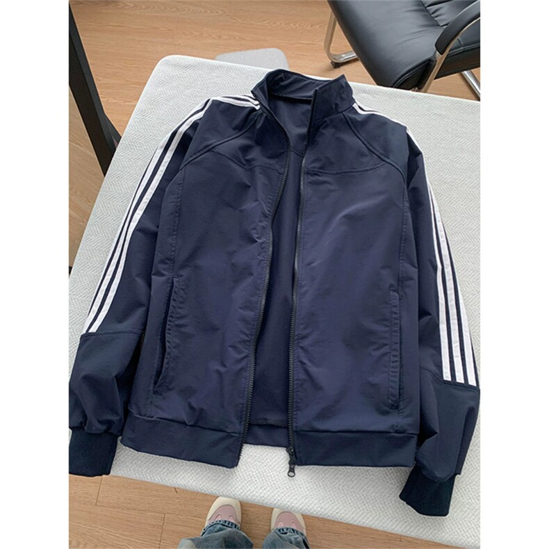 藏蓝色美式三条杠夹克外套男款秋季条纹高级感cleanfit运动棒球服,男装夹克,星座603-2