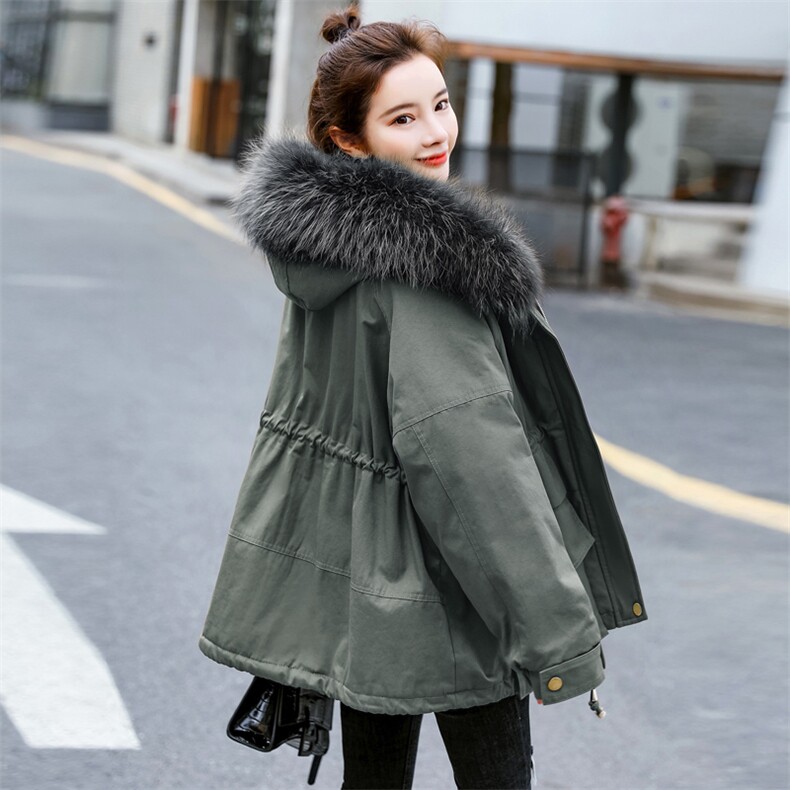 棉衣/棉服2021新款冬兔毛中长款工装带帽棉服女外套配毛领,女装派克服,瑶迪依秀