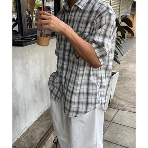 短袖衬衫男韩版休闲小众格子衬衣春季时尚百搭外套907特价35,惹冷殿下男主穿搭图片