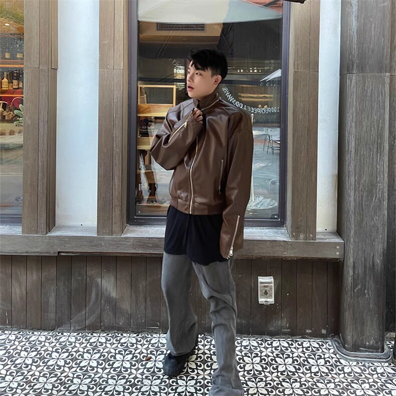 现货！25设计感cleanfit简约韩版短款皮夹克55210-特p78,男装夹克,电商B288
