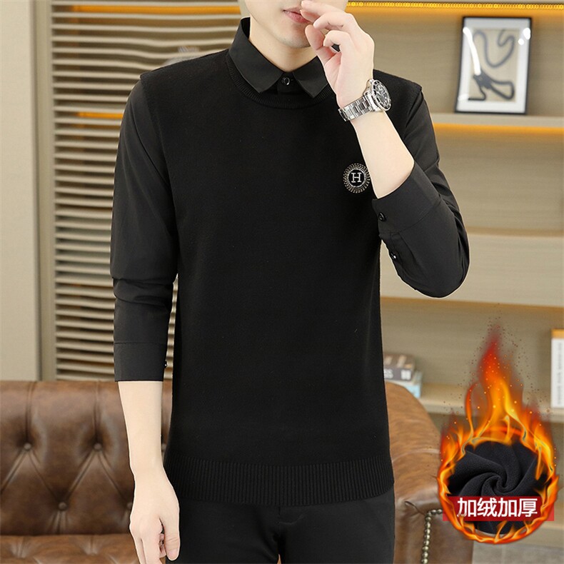 J601加绒-P75冬季新款加厚字母刺绣假两件男士打底衫,男装T恤,星座507A（原星座306B-2）