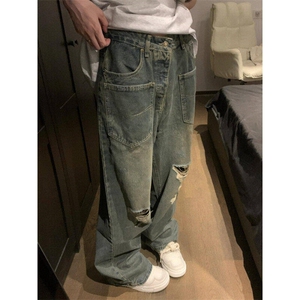 美式复古口袋反穿设计阔腿牛仔裤小众破洞拖地裤1008-L70255-p52图片
