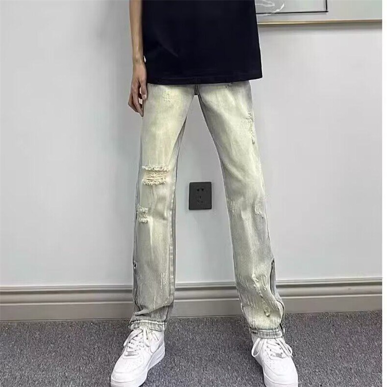 破洞牛仔裤男款夏季高街侧开拉链水洗做旧修身潮牌直筒裤,男装牛仔裤,星座506A