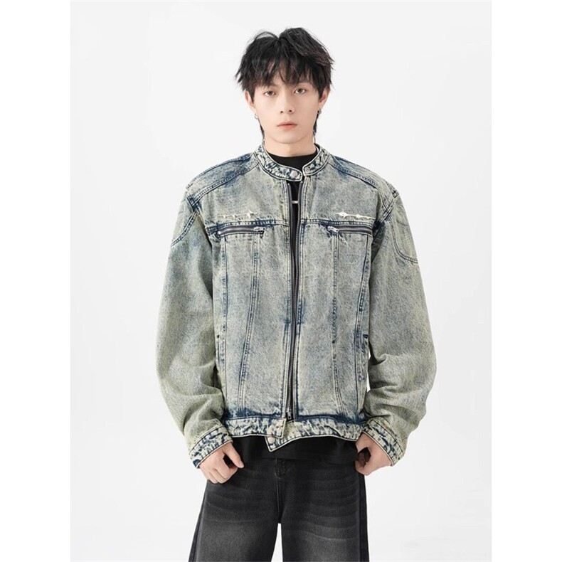 现货复古水洗做旧牛仔外套男秋季小众拉链设计感垫肩立领短夹克，男装工装外套，星座302B