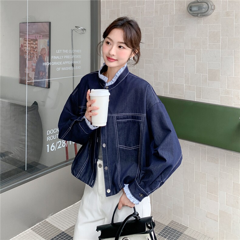 新款2026春季拼色木耳边牛仔外套6211-P145-K238,女装短外套,2C057