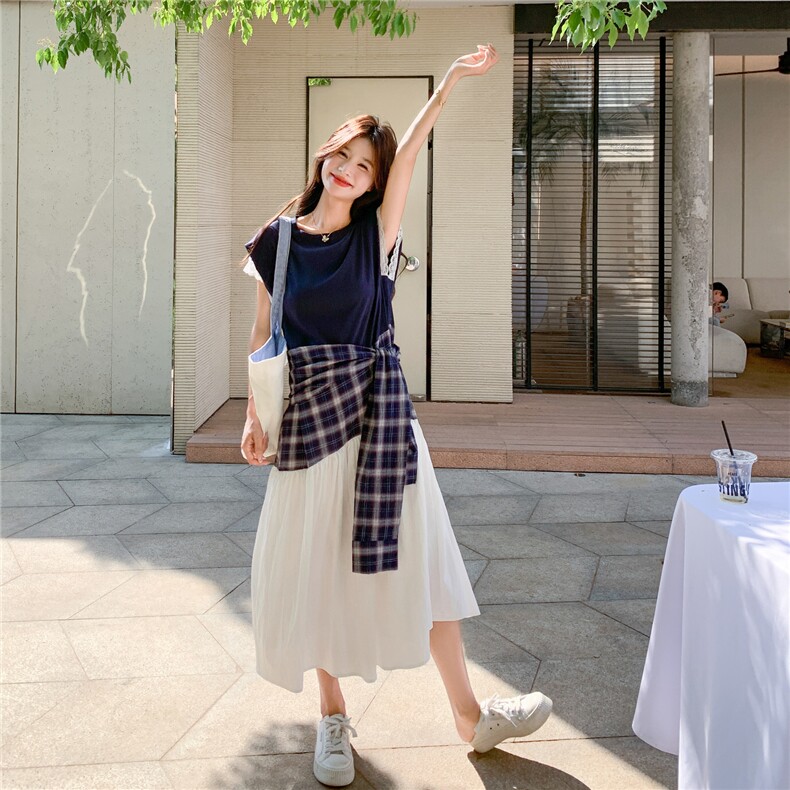 韩版学院风拼接腰封绑带连衣裙女2025夏季新款休闲减龄飞飞袖长裙图片