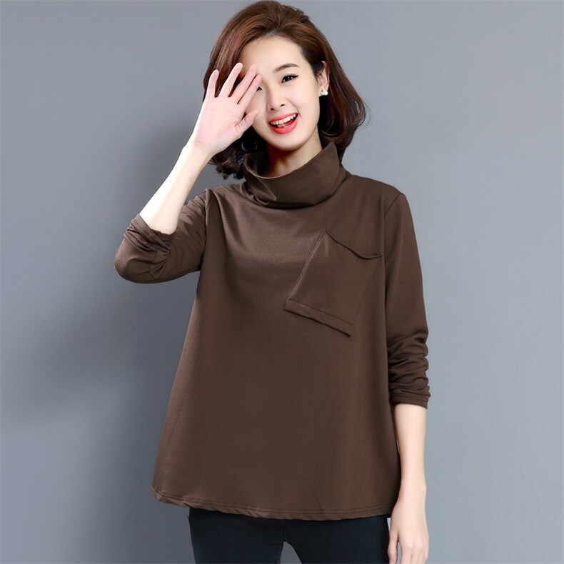 通勤立领棉拼接口袋常规中长款长袖2021年春季休闲时尚，女装T恤，涵誉