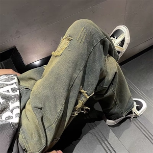 春夏 高街黄泥色五角星膝盖破洞宽松直筒牛仔裤男K2205-P43图片
