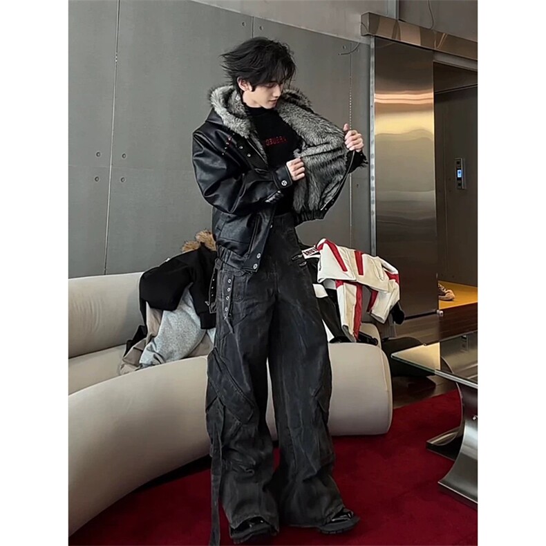 网图有货黑色连帽狼王座山雕皮衣外套棉服男女棉衣A1114-P155,男装皮衣,星座1505
