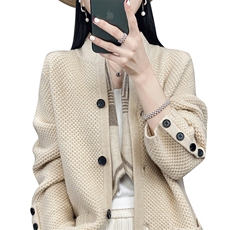 秋冬季100羊毛休闲气质通勤时尚个性袖口扣子开衫外套，女装羊毛衫，鸿陌羊绒