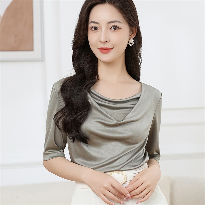 2025三醋酸五分袖荡领T恤女丝滑缎面短袖皱褶中袖薄款打底上衣，女装T恤，伊绒腾羊绒