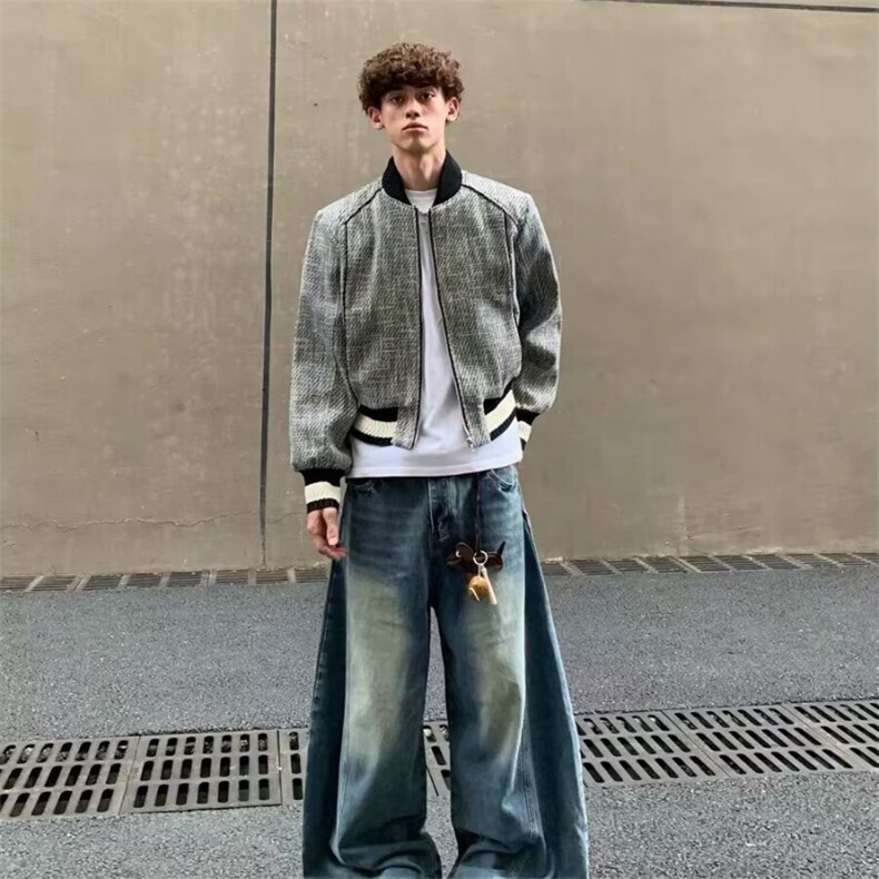 网图~老钱风网红粗纺面料棒球服夹克外套W1399/P75,男装夹克,电商B350