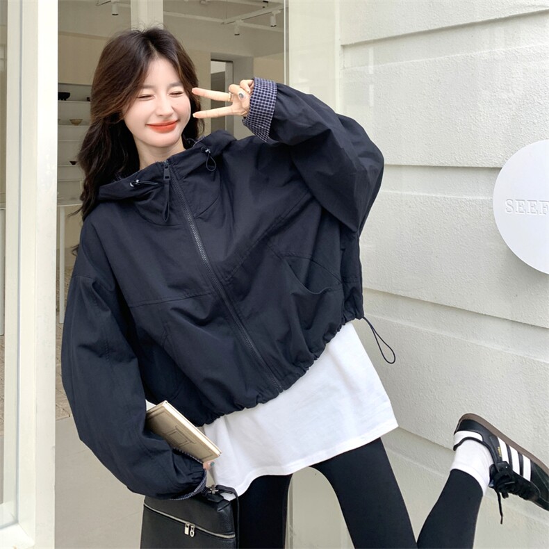 藏青色拼格子工装外套2C198-6566-P155K238,女装短外套,2C198