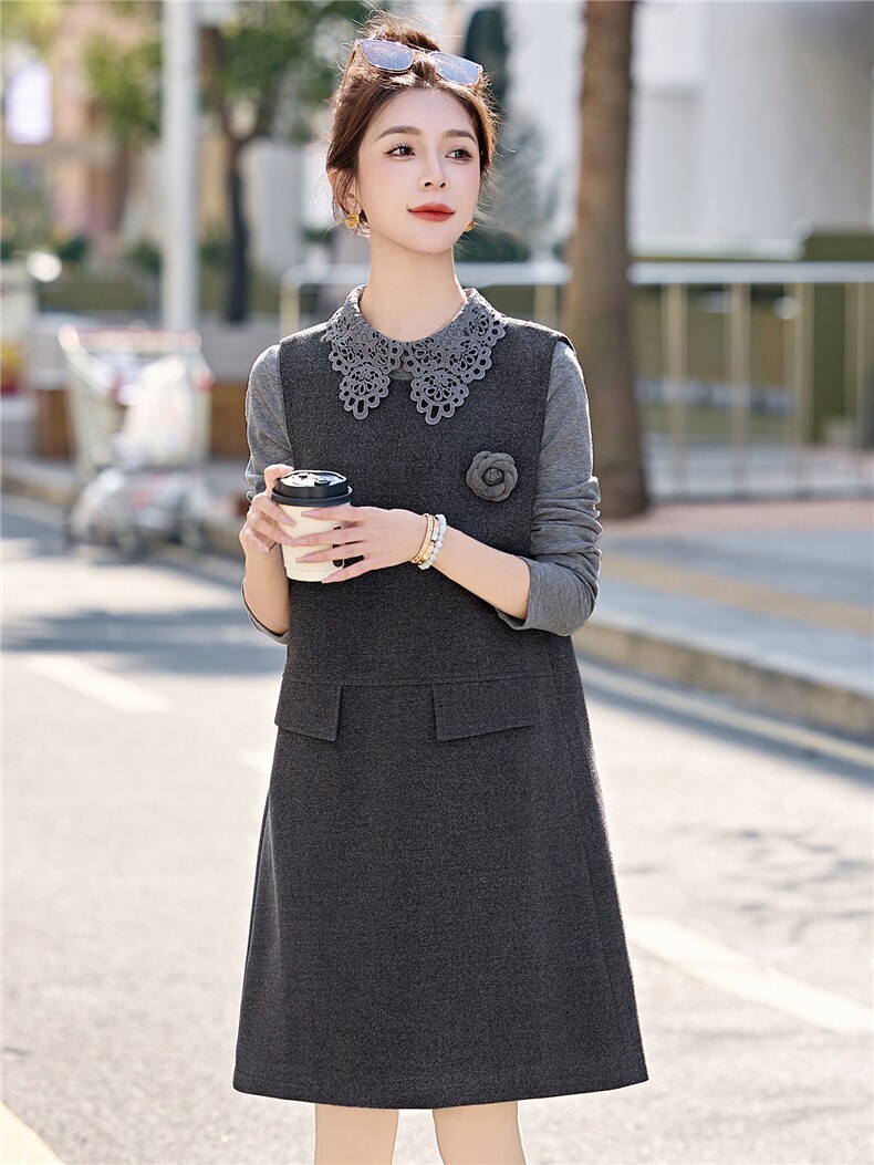 2026春季新款简约时尚休闲镂空翻领打底衫+马甲裙两件套套装,女装套装/套裙,美沁