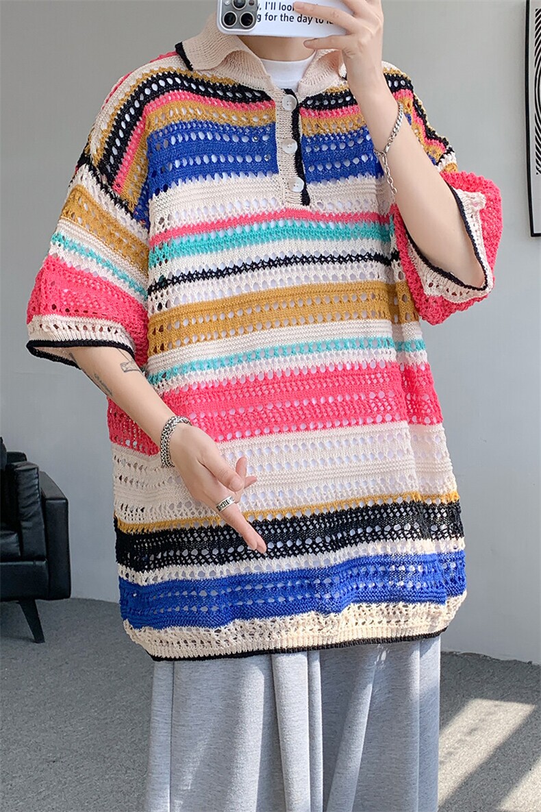 8XL-M特大码美式复古条纹撞色针织POLO衫翻领休闲短袖TDX311P35,男装T恤,电商D206-1