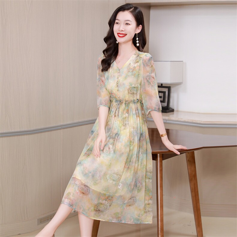 高端真丝连衣裙女夏季2025新款V领显瘦气质女人味减龄桑蚕丝裙子,女装连衣裙,阿舍尔精品